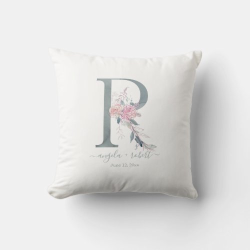 Newlywed Monogram R Blush Pink Watercolor Floral Throw Pillow