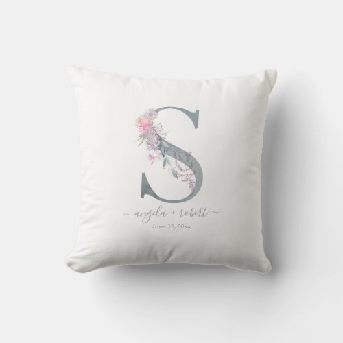 Newlywed Monogram S Blush Pink Watercolor Floral Throw Pillow