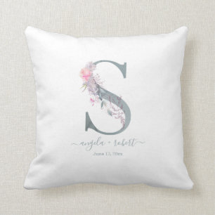 Newlywed Monogram S Blush Pink Watercolor Floral Throw Pillow
