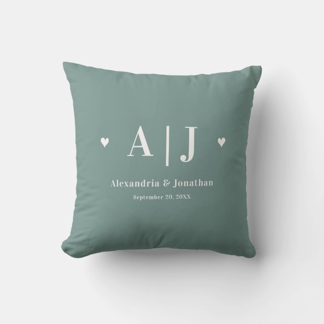 Newlywed Monogram Sage Green Keepsake Throw Pillow (Front)