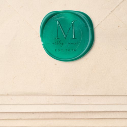 Newlywed Monogram Script Calligraphy Names Green Wax Seal Sticker