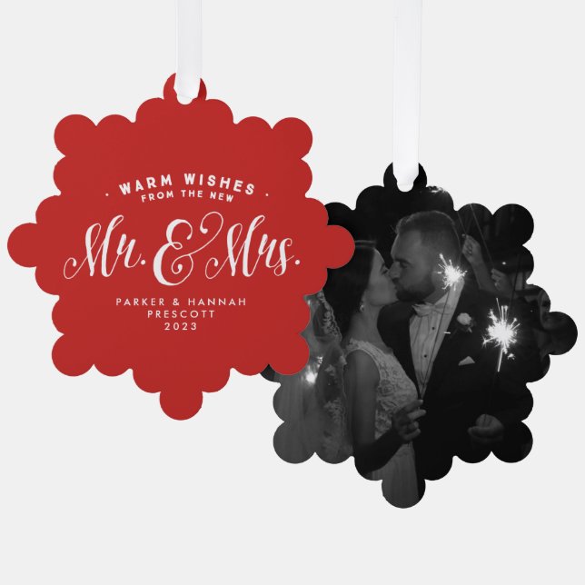 Newlywed Mr and Mrs elegant red Christmas photo Ornament Card (Front/Back)