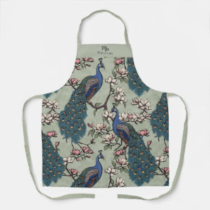 Newlywed Mr and Mrs Floral Peacock Sage Green Apron