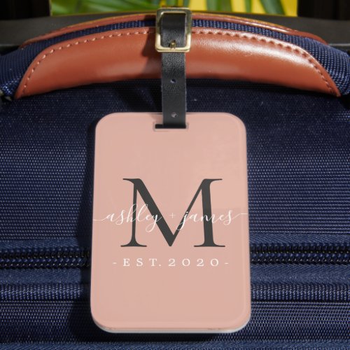 Newlywed Mr Mrs Black Monogram Names Dusty Pink Luggage Tag