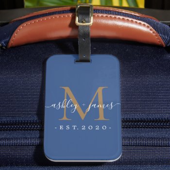 Newlywed Mr Mrs Gold Monogram Names Classic Blue Luggage Tag by HappyDolphinStudio at Zazzle