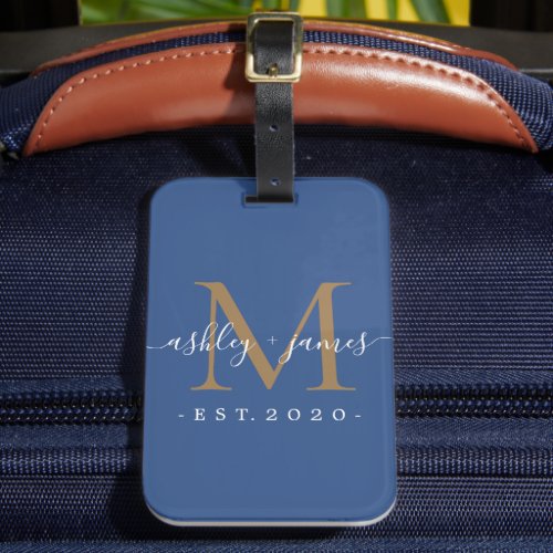 Newlywed Mr Mrs Gold Monogram Names Classic Blue Luggage Tag
