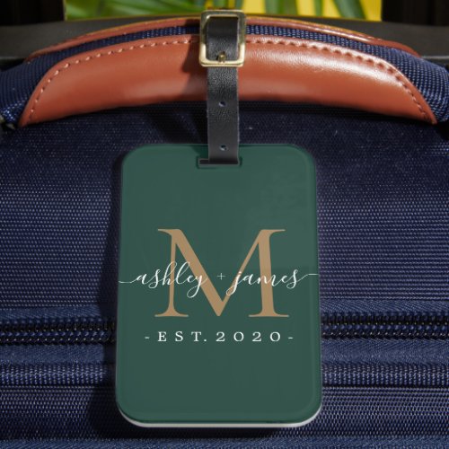 Newlywed Mr Mrs Gold Monogram Names Dark Green Luggage Tag