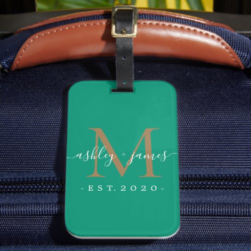 Newlywed Mr Mrs Gold Monogram Names Emerald  Luggage Tag