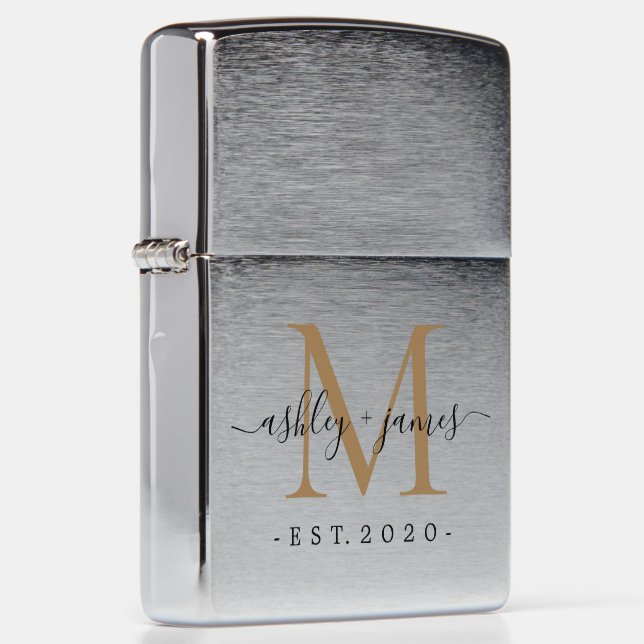 Newlywed Mr Mrs Gold Monogram Names Year Est Zippo Lighter (Right)