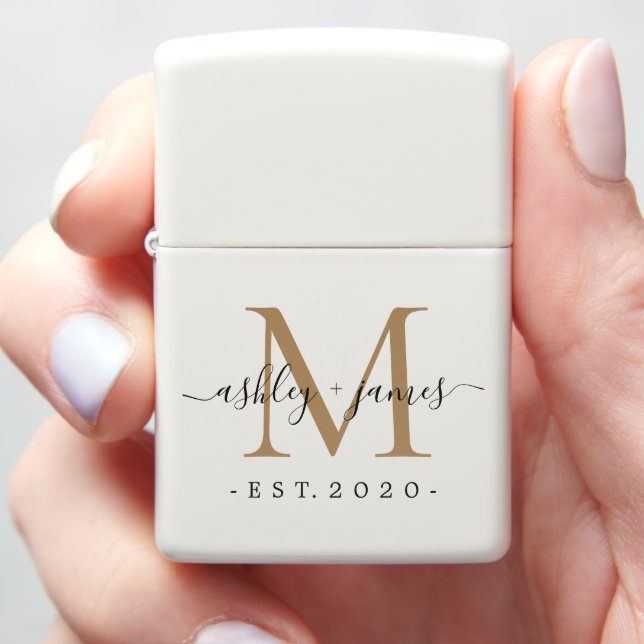 Newlywed Mr Mrs Gold Monogram Names Year Est Zippo Lighter (In Hand)