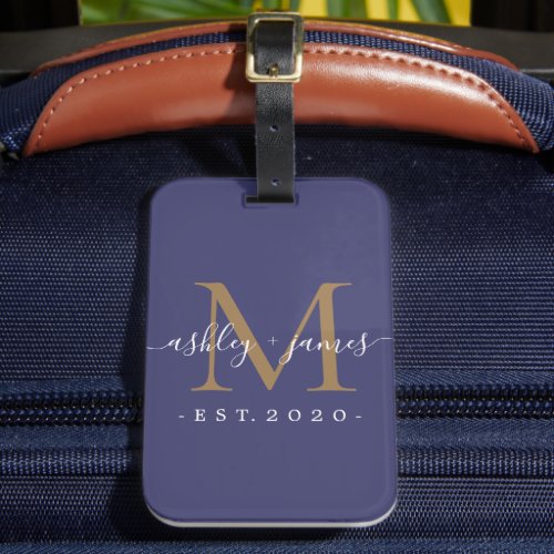 Newlywed Mr Mrs Gold Monogram Names Year Navy Blue Luggage Tag