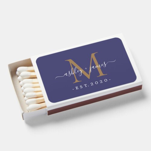 Newlywed Mr Mrs Gold Monogram Names Year Navy Blue Matchboxes