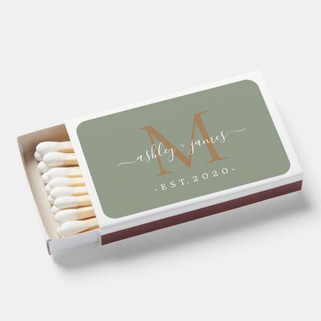 Newlywed Mr Mrs Monogram Names Gold Sage Green Matchboxes (Front Open)