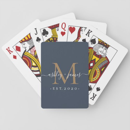 Newlywed Mr Mrs Monogram Names Year Dark Blue Poker Cards