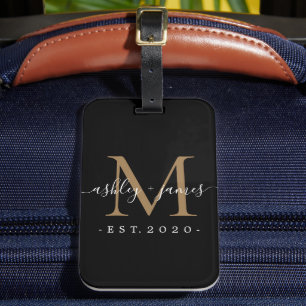 Newlywed Mr Mrs Monogram Names Year Gold Black Luggage Tag
