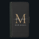 Newlywed Mr Mrs Monogram Names Year Gold Black Samsung Galaxy S5 Wallet Case<br><div class="desc">Chic, modern and simple monogrammed wallet case with the text Mr and Mrs in white elegant handwritten script calligraphy on a black background with your monogram in gold. Simply add your married name, year established and monogram in stylish typography. Perfect luxury gift for the newlywed couple's wedding guests. Exclusively designed...</div>
