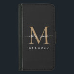 Newlywed Mr Mrs Monogram Names Year Gold Black Samsung Galaxy S5 Wallet Case<br><div class="desc">Chic, modern and simple monogrammed wallet case with the text Mr and Mrs in white elegant handwritten script calligraphy on a black background with your monogram in gold. Simply add your married name, year established and monogram in stylish typography. Perfect luxury gift for the newlywed couple's wedding guests. Exclusively designed...</div>