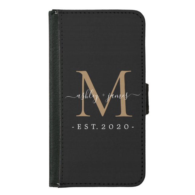 Newlywed Mr Mrs Monogram Names Year Gold Black Samsung Galaxy Wallet Case (Front)