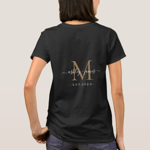 Newlywed Mr Mrs Monogram Names Year Gold Black T_Shirt