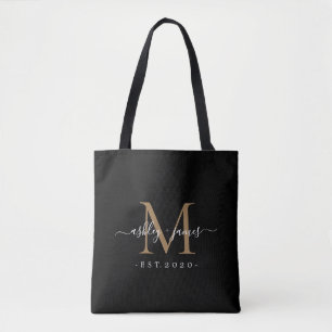Newlywed Mr Mrs Monogram Names Year Gold Black Tote Bag