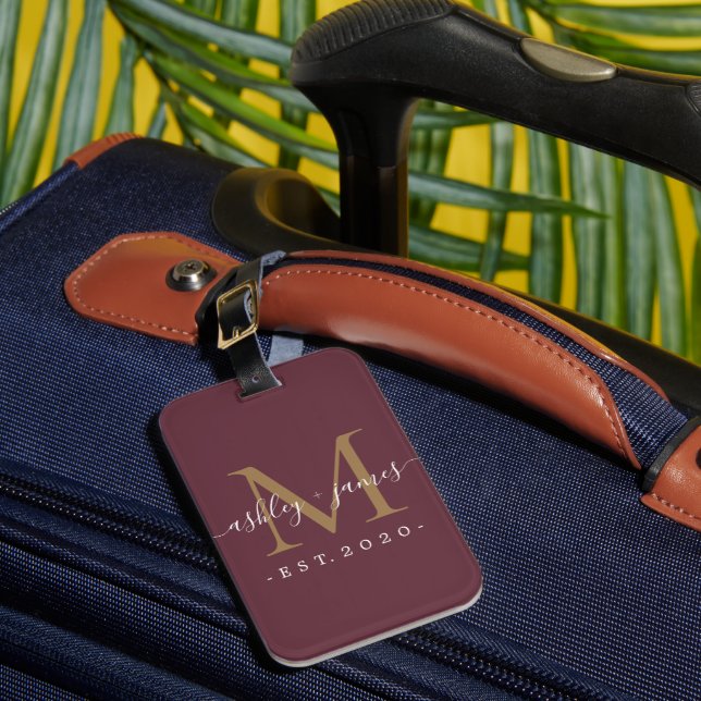 Newlywed Mr Mrs Monogram Names Year Gold Burgundy Luggage Tag (Front Insitu 1)