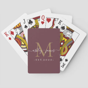 Newlywed Mr Mrs Monogram Names Year Gold Burgundy Poker Cards