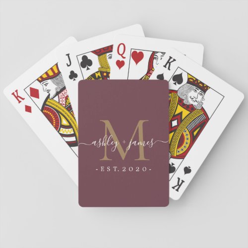 Newlywed Mr Mrs Monogram Names Year Gold Burgundy Poker Cards