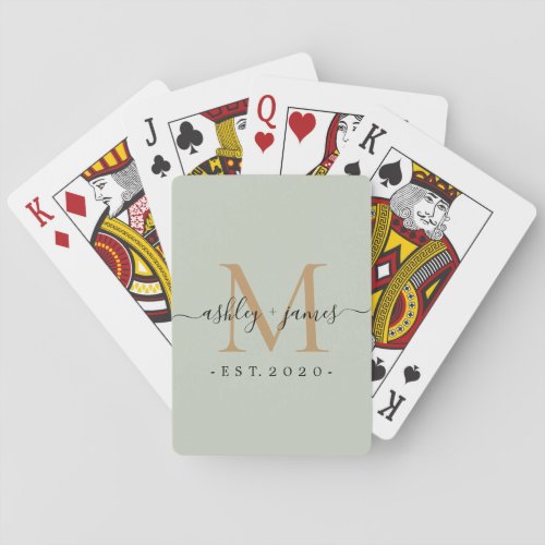 Newlywed Mr Mrs Monogram Names Year Gold Green Poker Cards