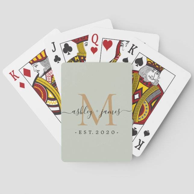 Newlywed Mr Mrs Monogram Names Year Gold Green Poker Cards (Back)