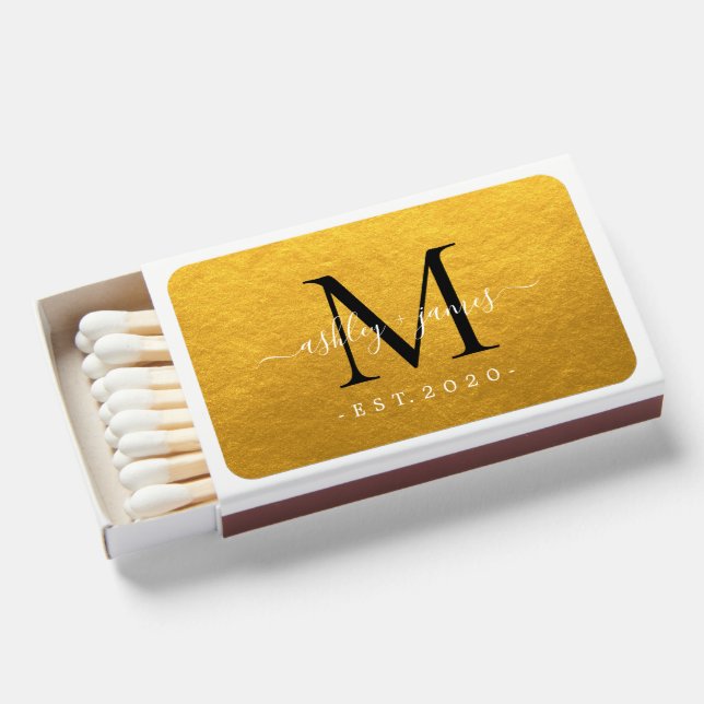 Newlywed Mr Mrs Monogram Names Year Gold Matchboxes (Front Open)