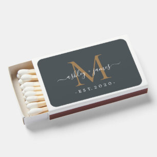 Newlywed Mr Mrs Monogram Names Year Gold Off-Black Matchboxes