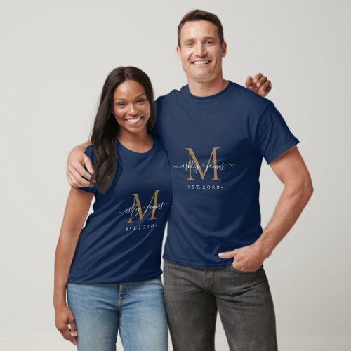 Newlywed Mr Mrs Monogram Names Year Navy Blue T_Shirt