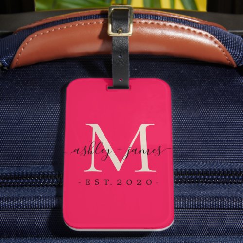 Newlywed Mr Mrs Monogram Names Year Pink Ivory Luggage Tag