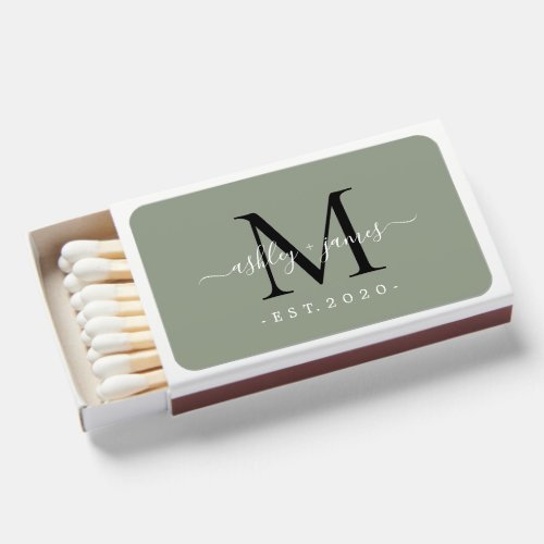 Newlywed Mr Mrs Monogram Names Year Sage Green Matchboxes