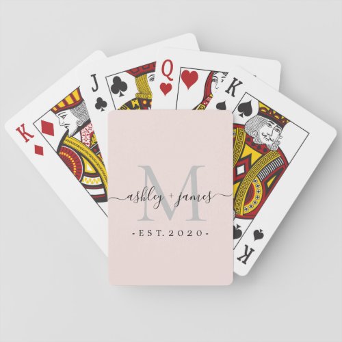 Newlywed Mr Mrs Monogram Names Year Silver Pink Poker Cards