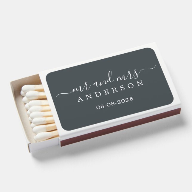 Newlywed Mr Mrs Monogram Wedding Date Off-Black Matchboxes (Front Open)