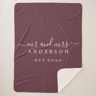 Newlywed Mr Mrs Monogram Year Burgundy Sherpa Blanket