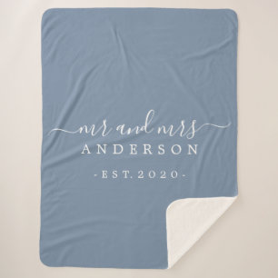 Newlywed Mr Mrs Monogram Year Vintage Blue Sherpa Blanket
