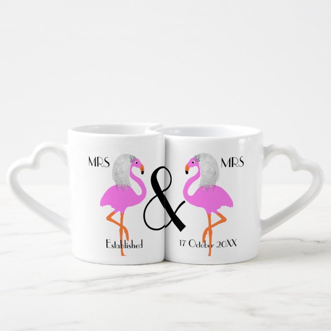 Newlywed Mrs & Mrs Lesbian Flamingo Personalized Coffee Mug Set (Back Nesting)
