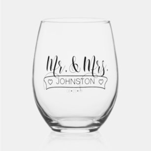 Newlywed Name Banner Mr & Mrs ID668 Stemless Wine Glass