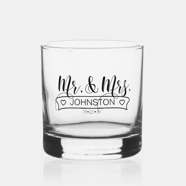Newlywed Name Banner Mr & Mrs ID668 Whiskey Glass (Front)