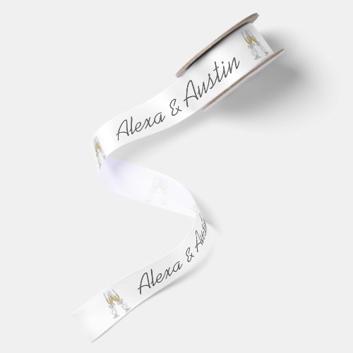 Newlywed Names and Champagne Glasses Satin Ribbon