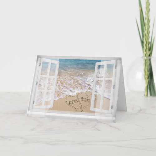 Newlywed names in beach sand hearts card