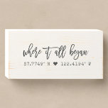 Newlywed New Bride Engagement Wedding Coordinates Wooden Box Sign<br><div class="desc">Elegant dark grey on ivory wall art showcasing modern chic script that says “Where it all began” above your custom coordinates. With its subtle, soft contrast and vintage typewriter accents, this design brings a warm, contemporary farmhouse vibe to any room. A beautiful personalized gift for couples, ideal for Valentine’s Day,...</div>