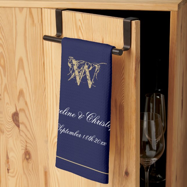 Newlywed Or Wedding Gift Elegant Monogram Navy Kitchen Towel (Thirds Fold)