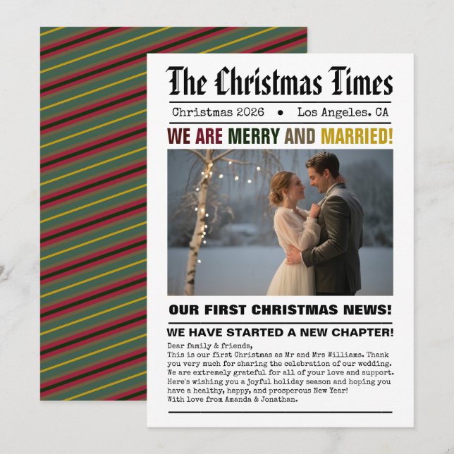 Newlywed Our First Christmas Newspaper Style Photo Holiday Card (Front/Back)