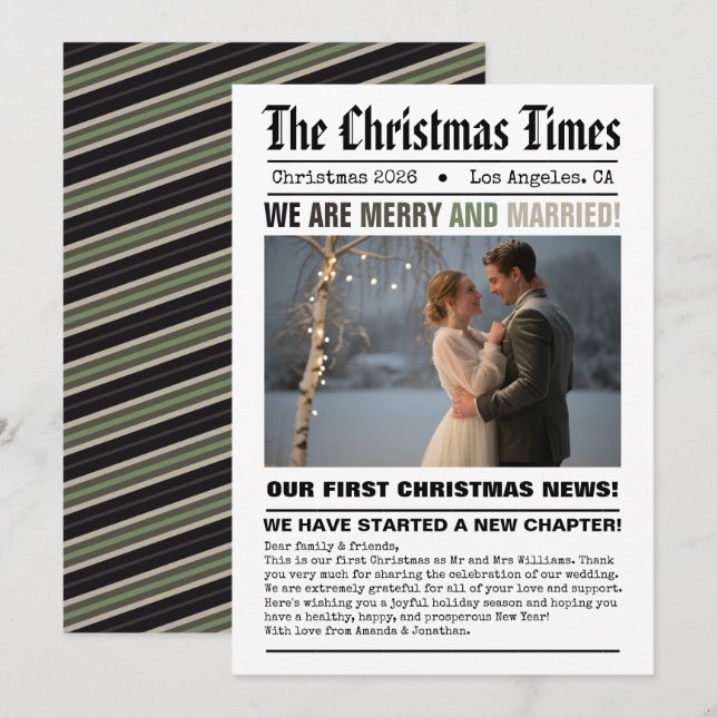Newlywed Our First Christmas Newspaper Style Photo Holiday Card (Front/Back)