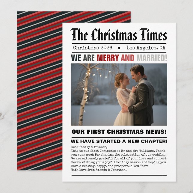 Newlywed Our First Christmas Newspaper Style Photo Holiday Card (Front/Back)