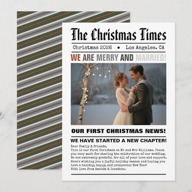 Newlywed Our First Christmas Newspaper Style Photo Holiday Card (Front/Back)