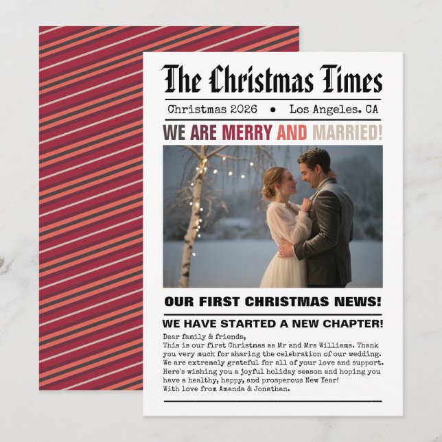 Newlywed Our First Christmas Newspaper Style Photo Holiday Card (Front/Back)